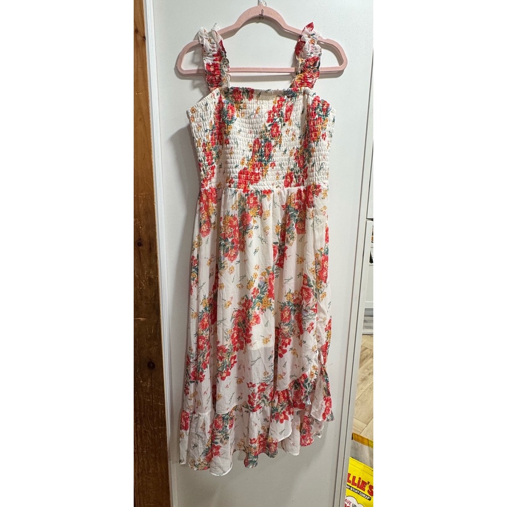 Maurices Floral Smocked High Low Midi Dress Red Yellow Cream Women Large 2103944